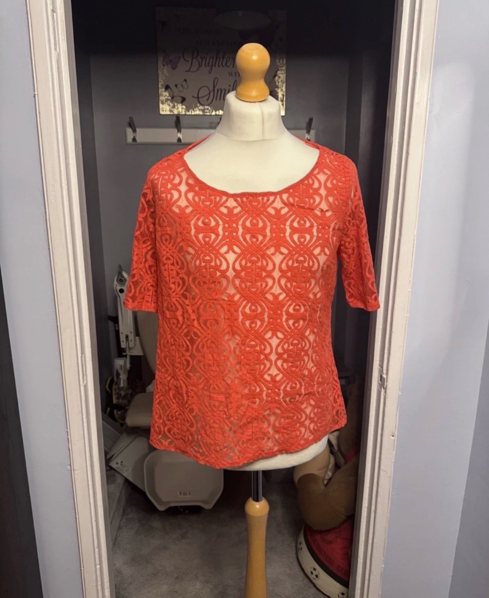 Next Lace Overlay Blouse Coral UK 16 Sheer Short Sleeve Sheer Panel Top