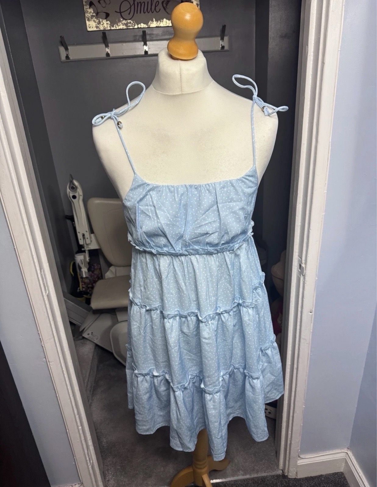 Love & Other Things Blue Polka Dot Tiered Mini Dress UK 6 Tie Strap Summer