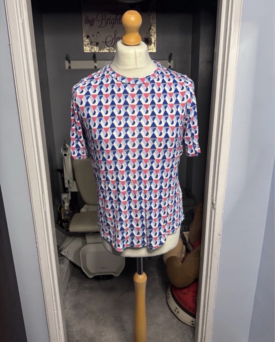M&S Collection Geometric Print Blouse Pink Blue White UK 16 Short Sleeve Viscose