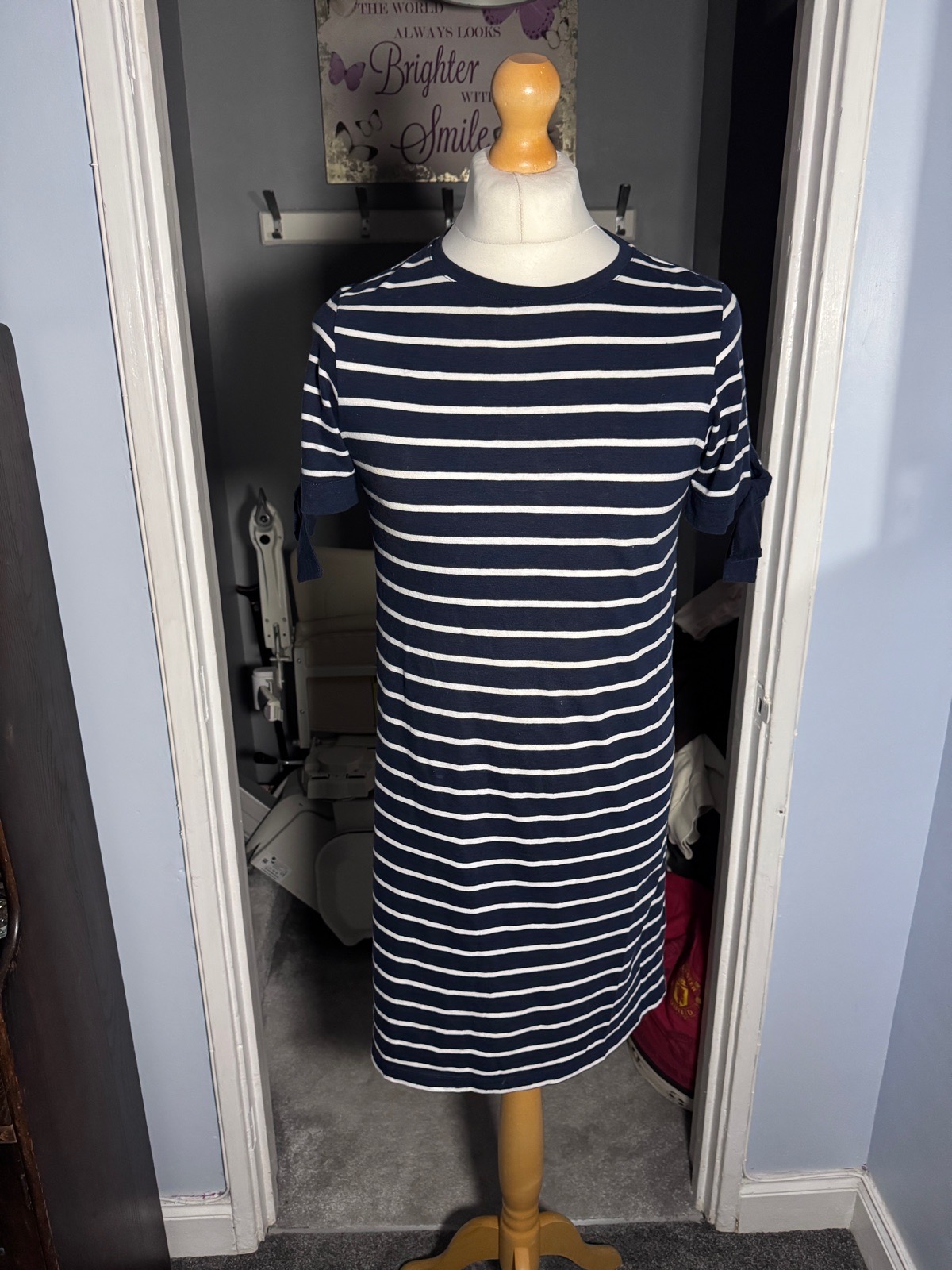 Crew Clothing Navy Stripe T-Shirt Dress UK 10 Cotton Tie Sleeve Summer