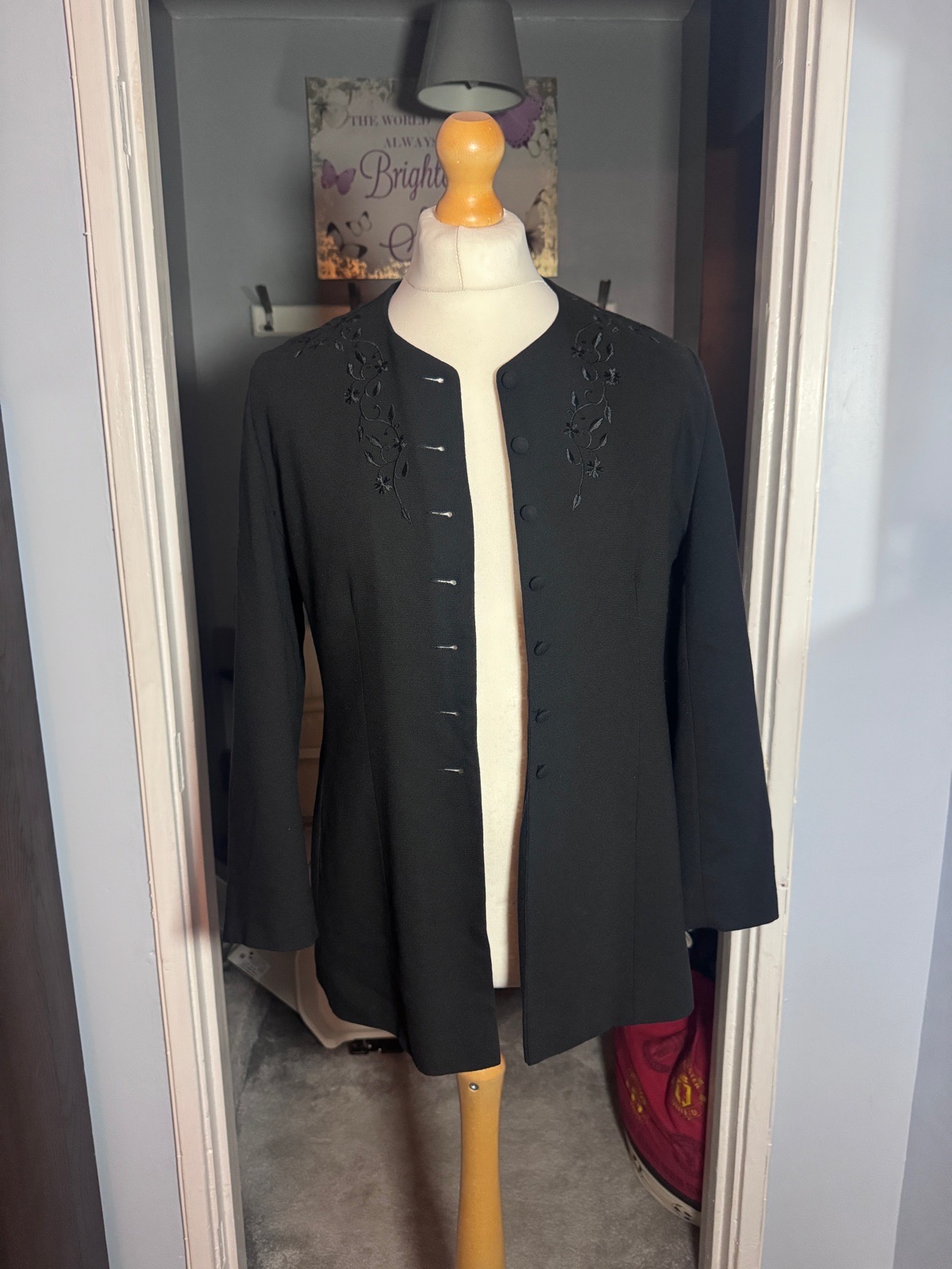 Vintage Debenhams Longline Blazer Jacket Black UK 12–14 Floral Embroidered
