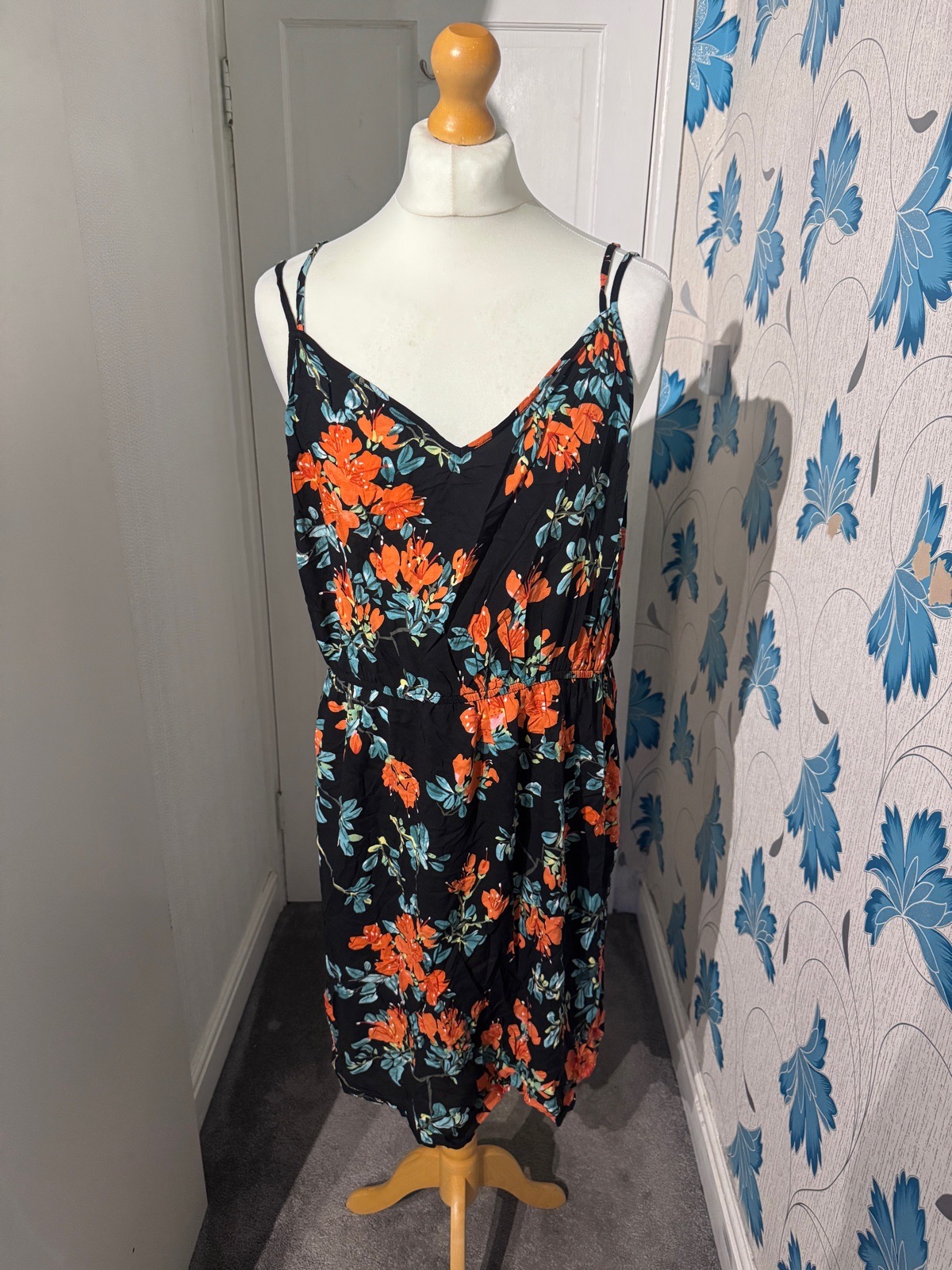 F&F Floral Midi Dress Black Orange UK 22 Strappy V-Neck Summer Holiday