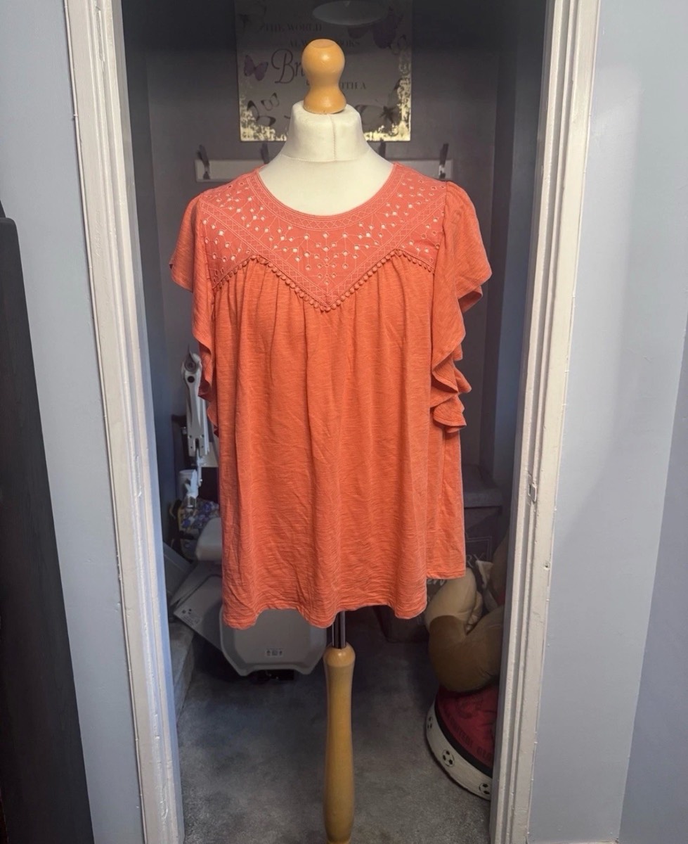 George Flutter Sleeve Top Coral Pink UK 18 Broderie Anglaise Cotton Summer