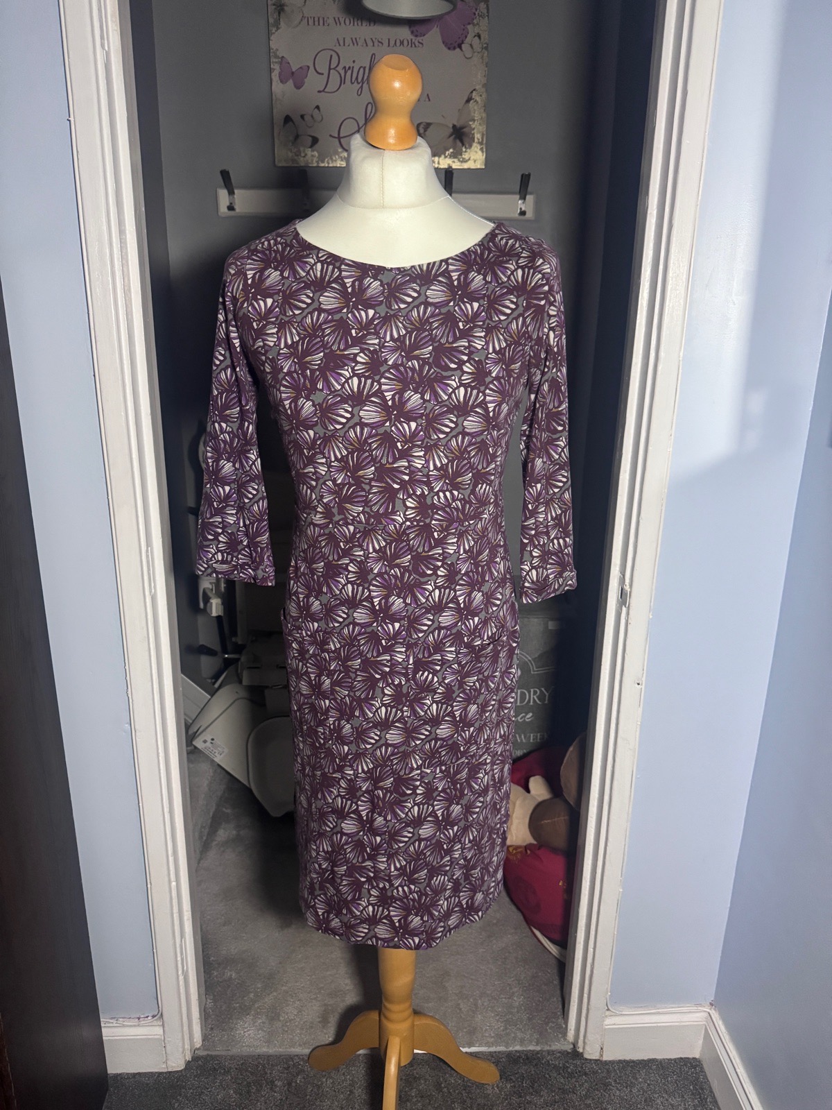 White Stuff Floral Jersey Midi Dress Purple UK 12 Cotton Pockets