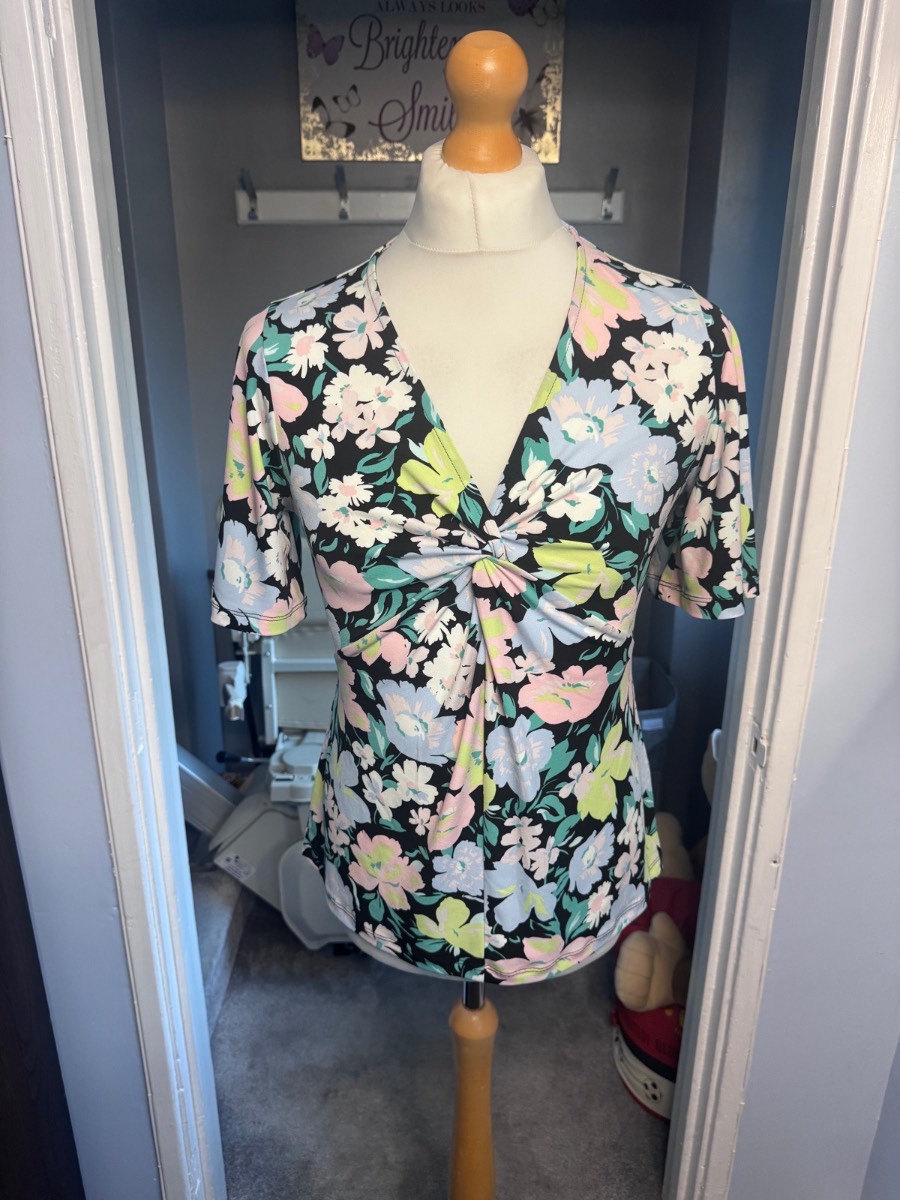 Roman Twist Front Floral Top Black Multi UK 12 Short Sleeve Summer Blouse