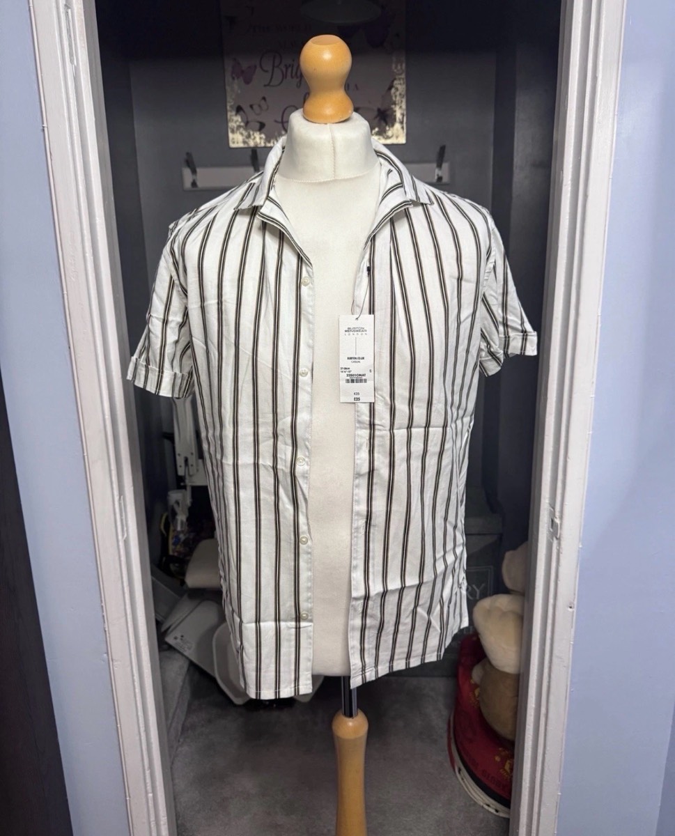 Burton Menswear Short Sleeve Shirt White Striped Small S Summer Button Up NWT