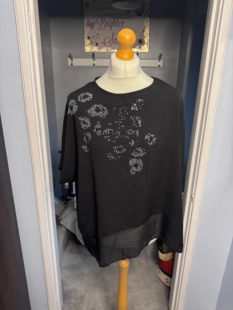 Spirit Oversized Blouse Top Black UK 18 Leopard Print Stud Detail Sheer Hem