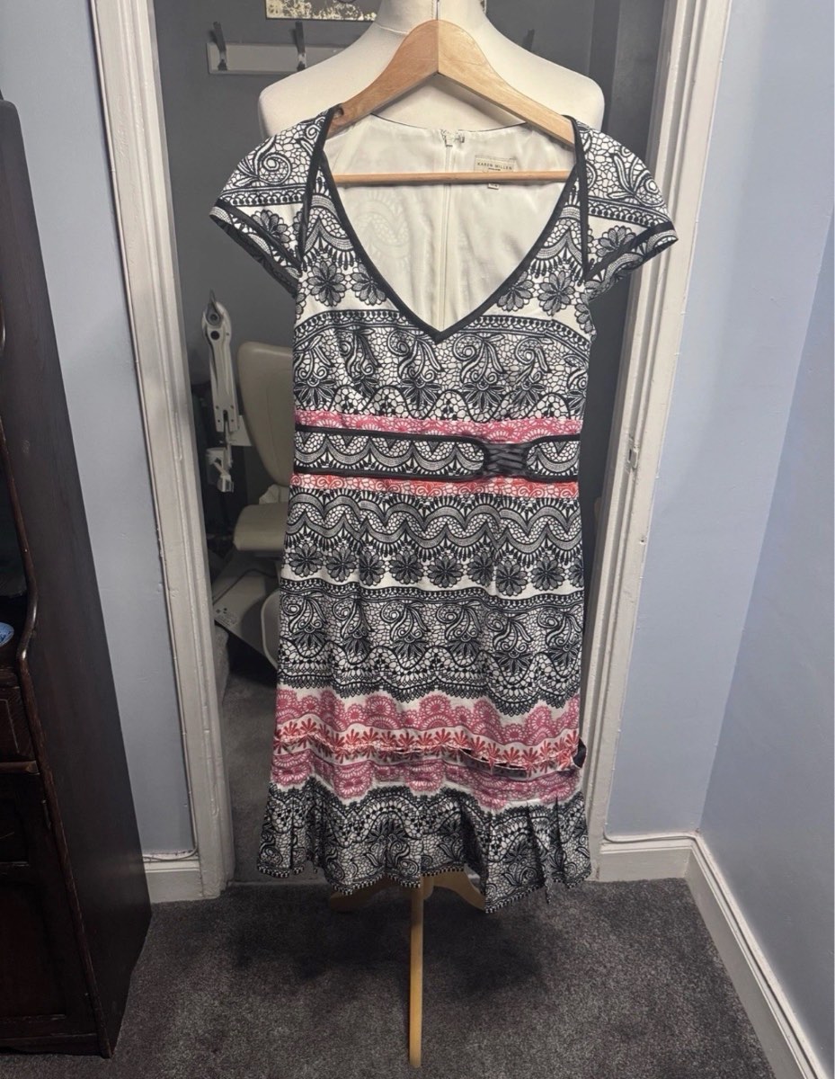 Karen Millen Summer Wedding Guest Midi Dress Black White Pink UK 12 Open Back