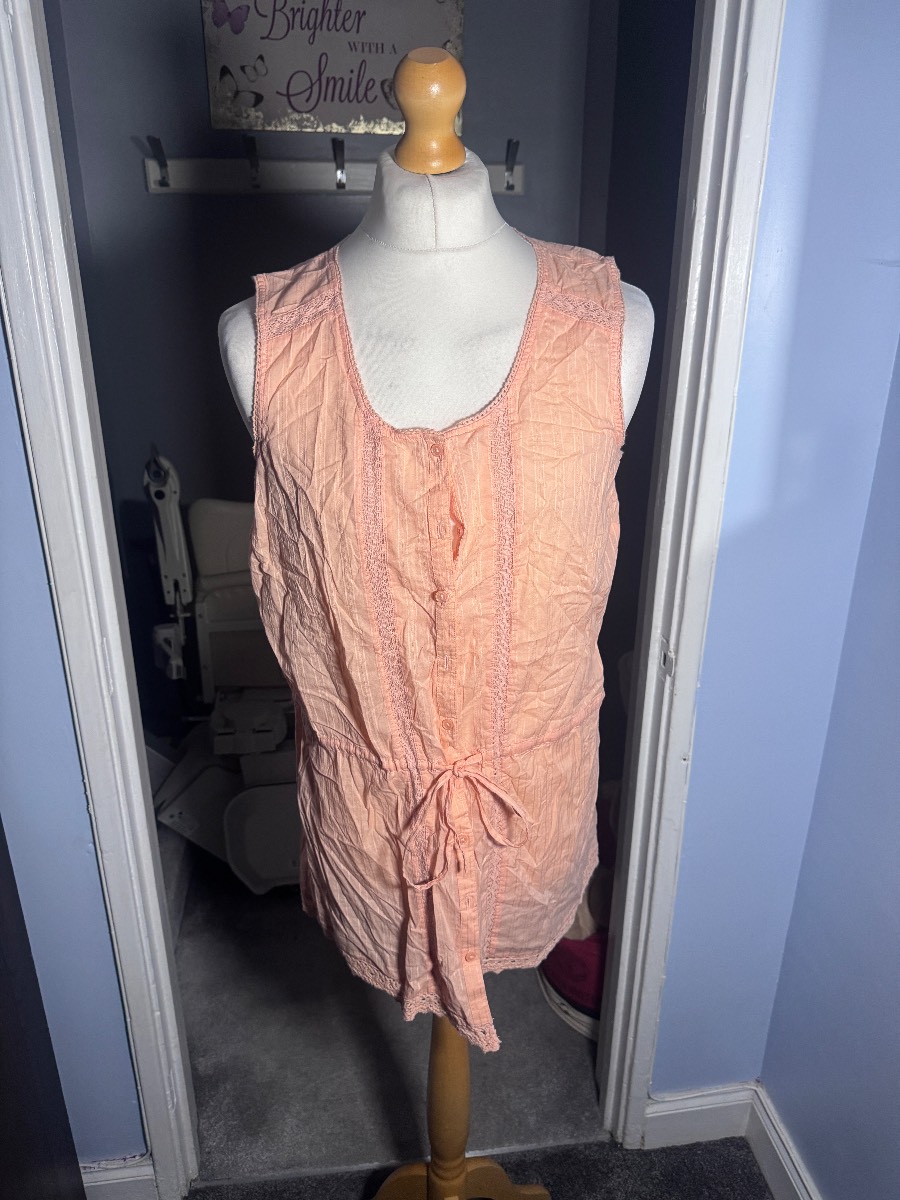 Papaya Sleeveless Tunic Top Peach UK 18 Lace Trim Tie Waist Summer 100% Cotton