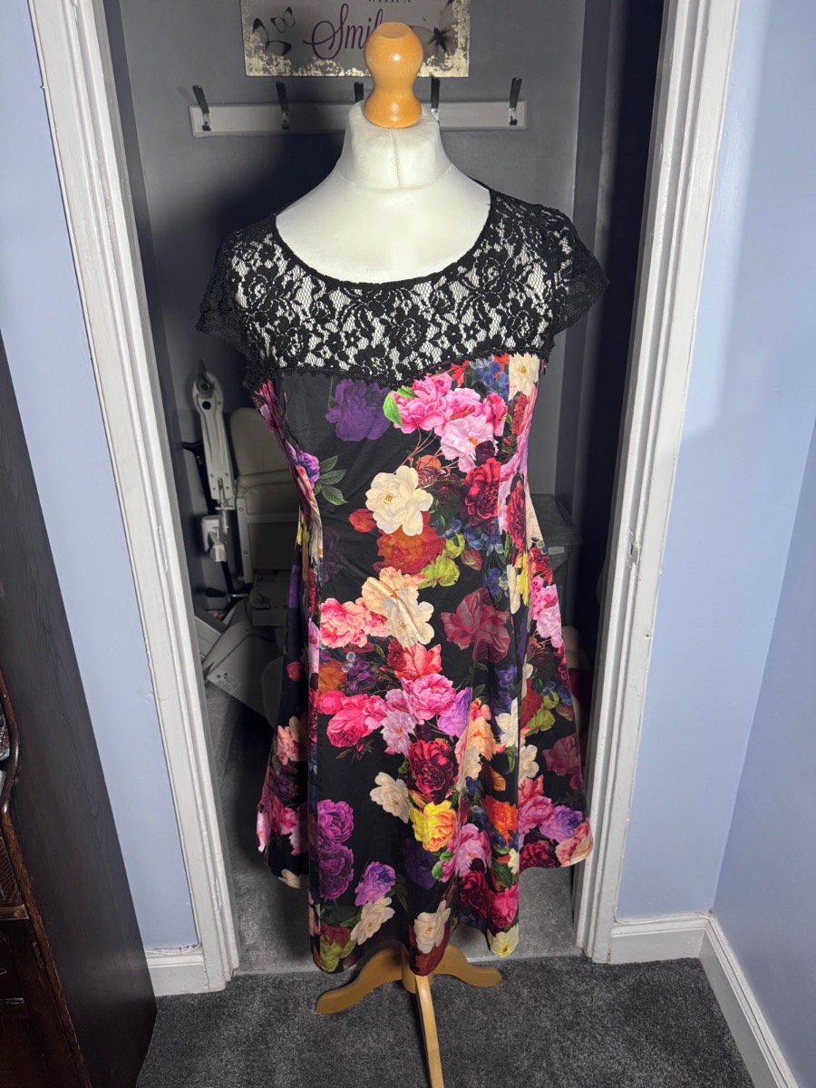 Phase Eight Occasion Dress Black Floral Lace Fit & Flare Midi UK 16 Wedding