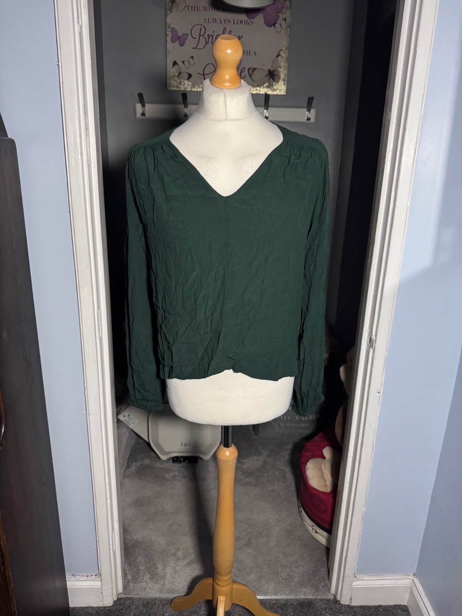 Gap Long Sleeve Blouse Dark Green UK 18–20 (XL) Crinkle Lightweight Boho Top