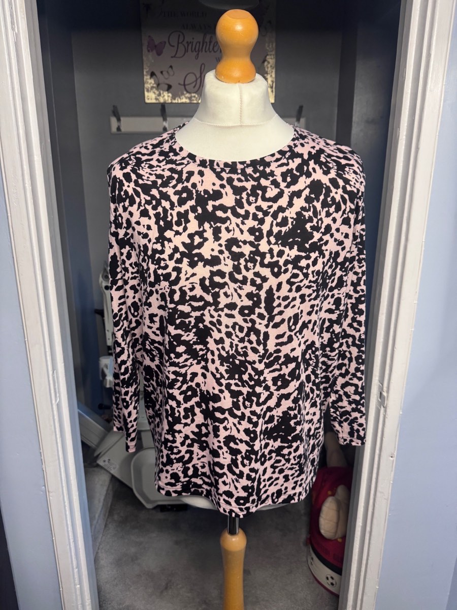 M&S Collection Long Sleeve Top Pink Black Animal Print UK 16 Stretch