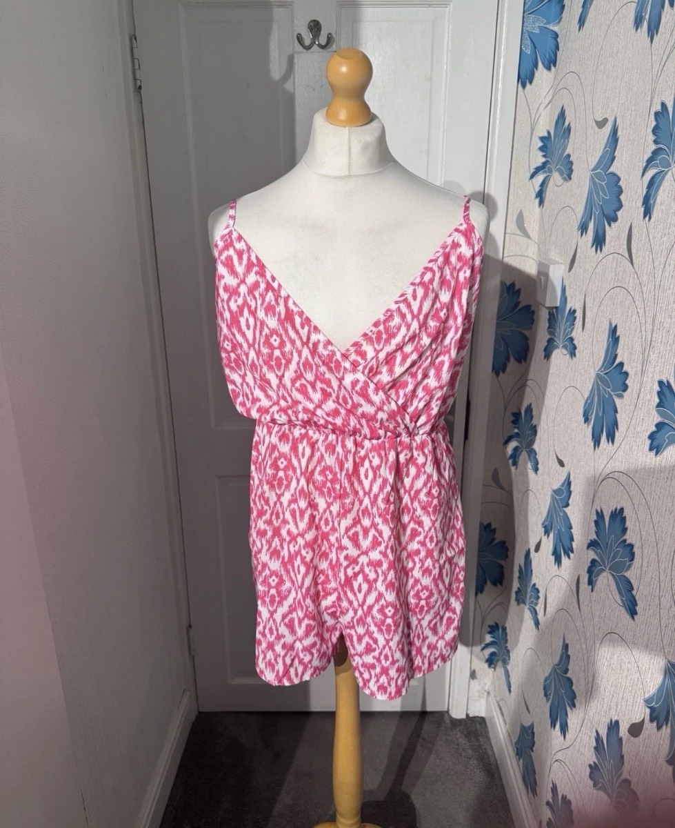 Shein Playsuit Pink & White Ikat Print XL UK 16 Summer Wrap Cami