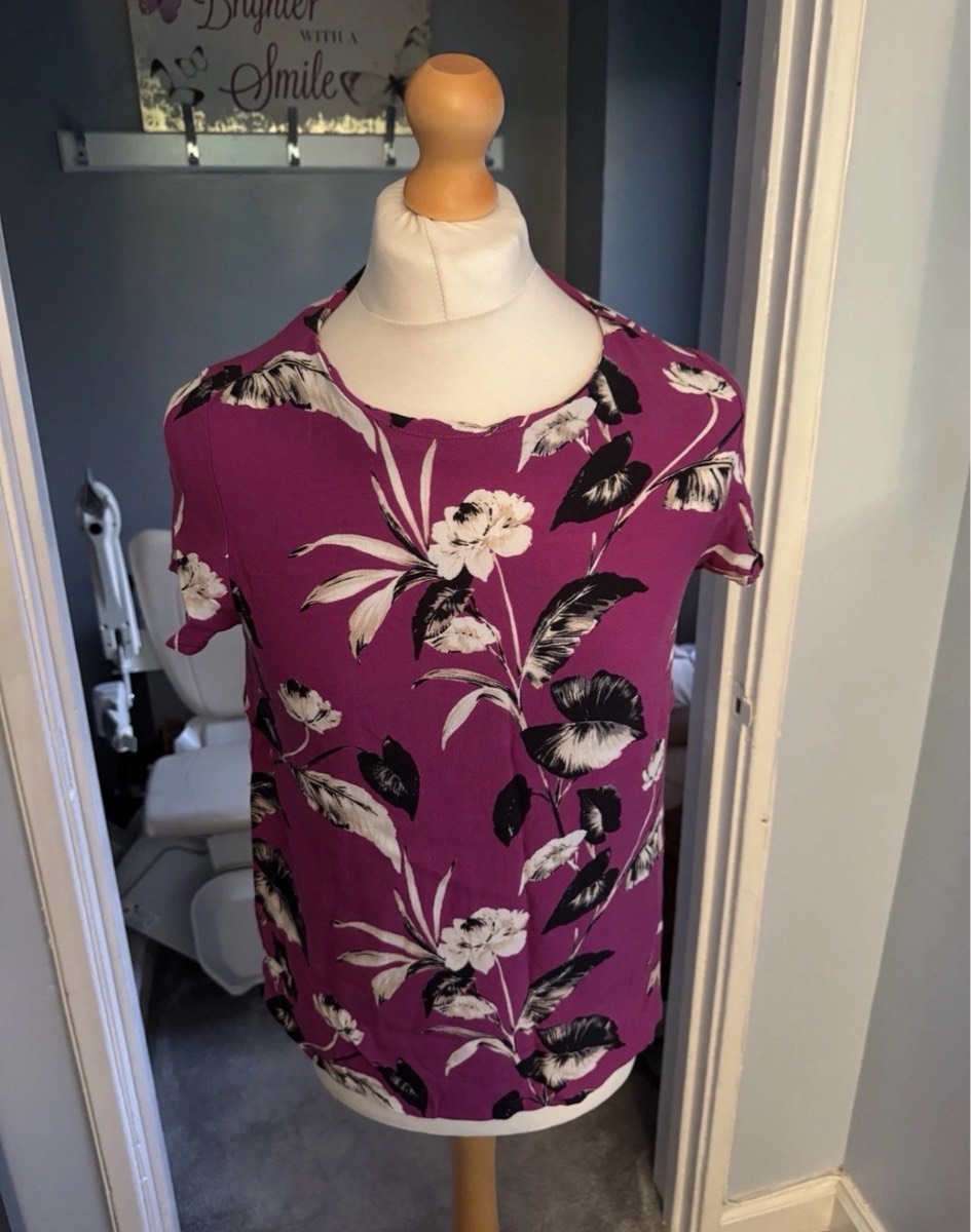 F&F Floral Blouse Purple UK 14 Short Sleeve 100% Viscose Summer Top