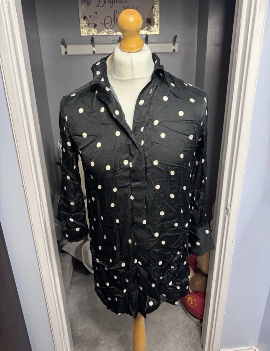 H&M Shirt Dress Black Polka Dot XS UK 6-8 100% Viscose Long Sleeve