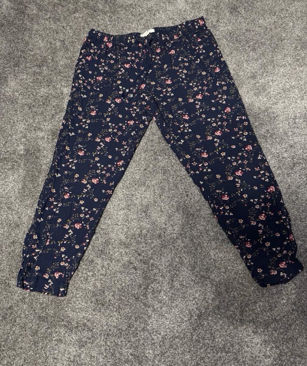 Springfield Floral Trousers Navy Blue UK 12–14 (L) Lightweight Drawstring Summer Casual