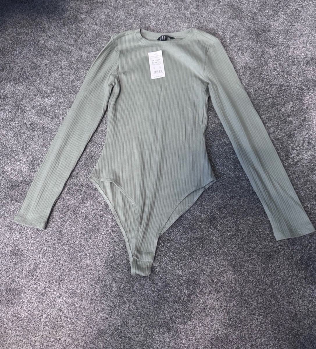 New Look Ribbed Bodysuit Sage Green UK 8 Long Sleeve Cotton BNWT