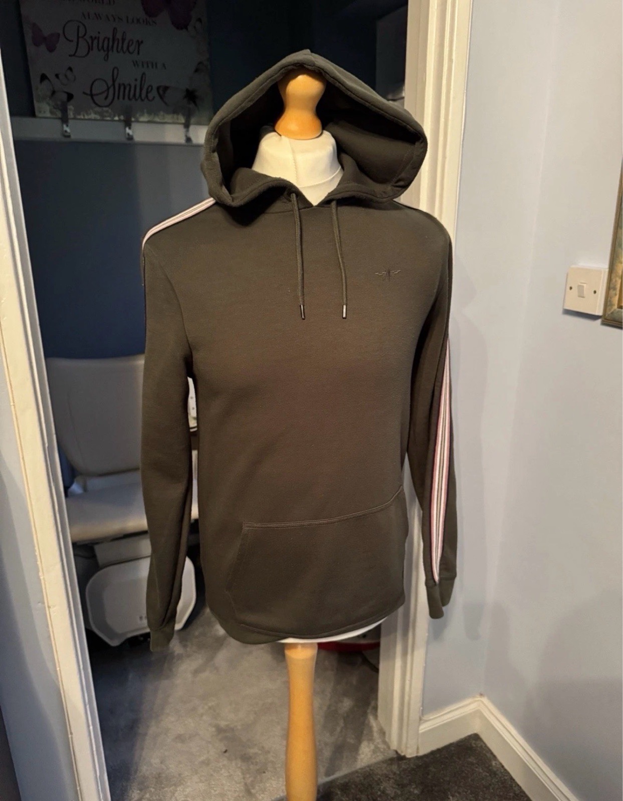 River Island Men’s Khaki Green Hoodie Size S Striped Sleeve Pullover