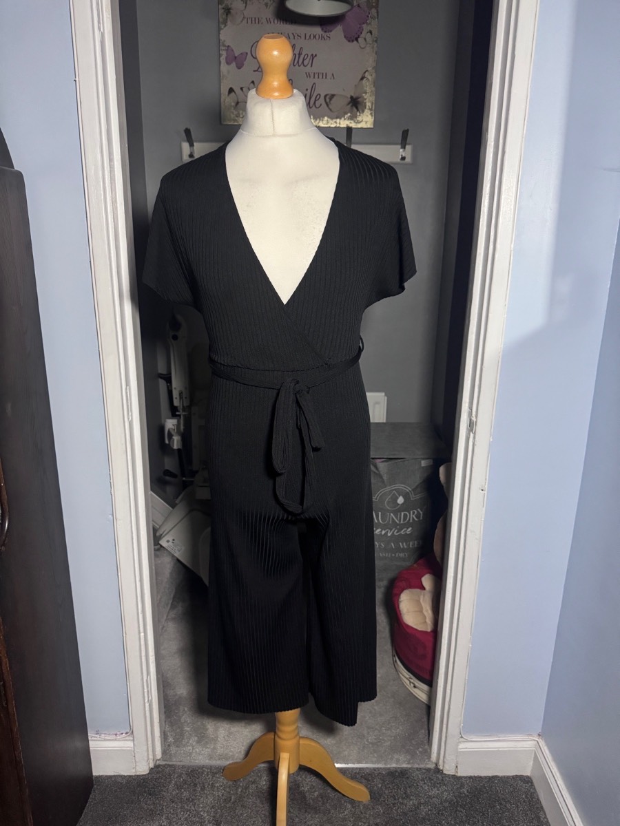 New Look Women’s Black Pleated Wrap Jumpsuit UK 10 Belted Wide Leg Summer