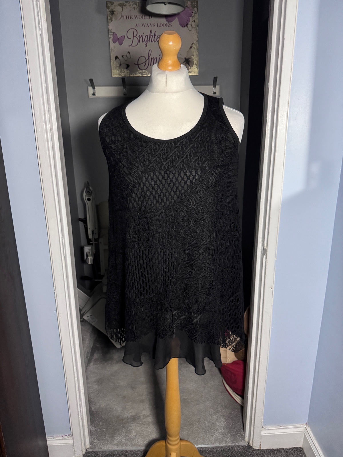 Roman Black Lace Overlay Tunic Top UK 14 Chiffon Hem Summer Party Boho