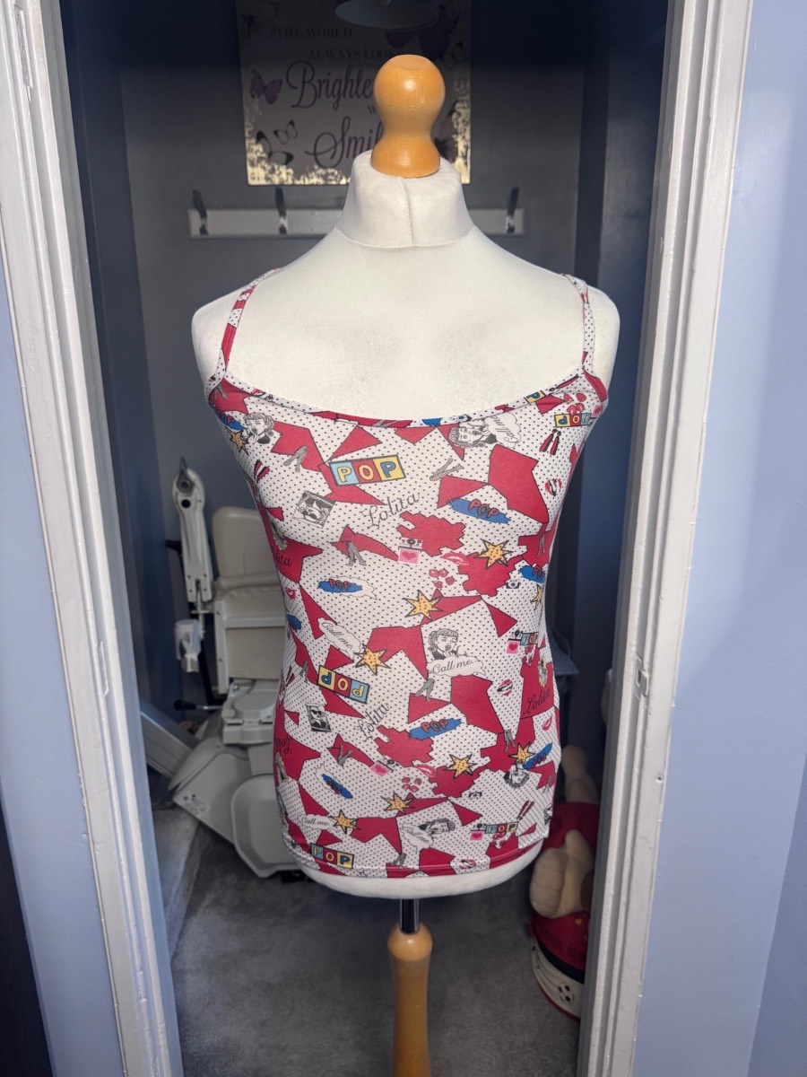 Tezenis Cami Vest Top White Pink Pop Art Print UK 10-12 (M) Summer