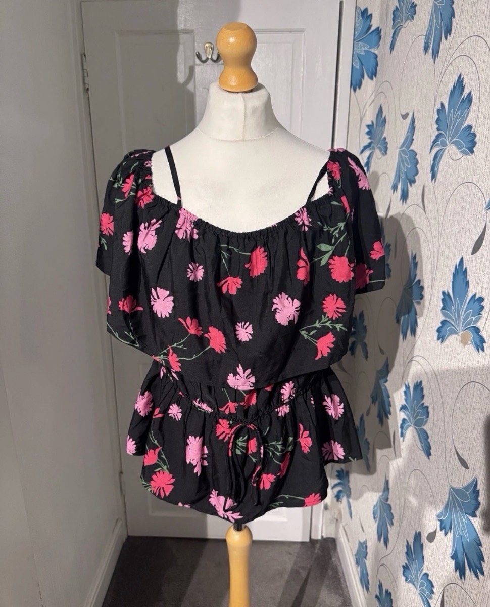 Peacocks Floral Cold Shoulder Blouse Black Pink UK 18 BNWT Frill Top
