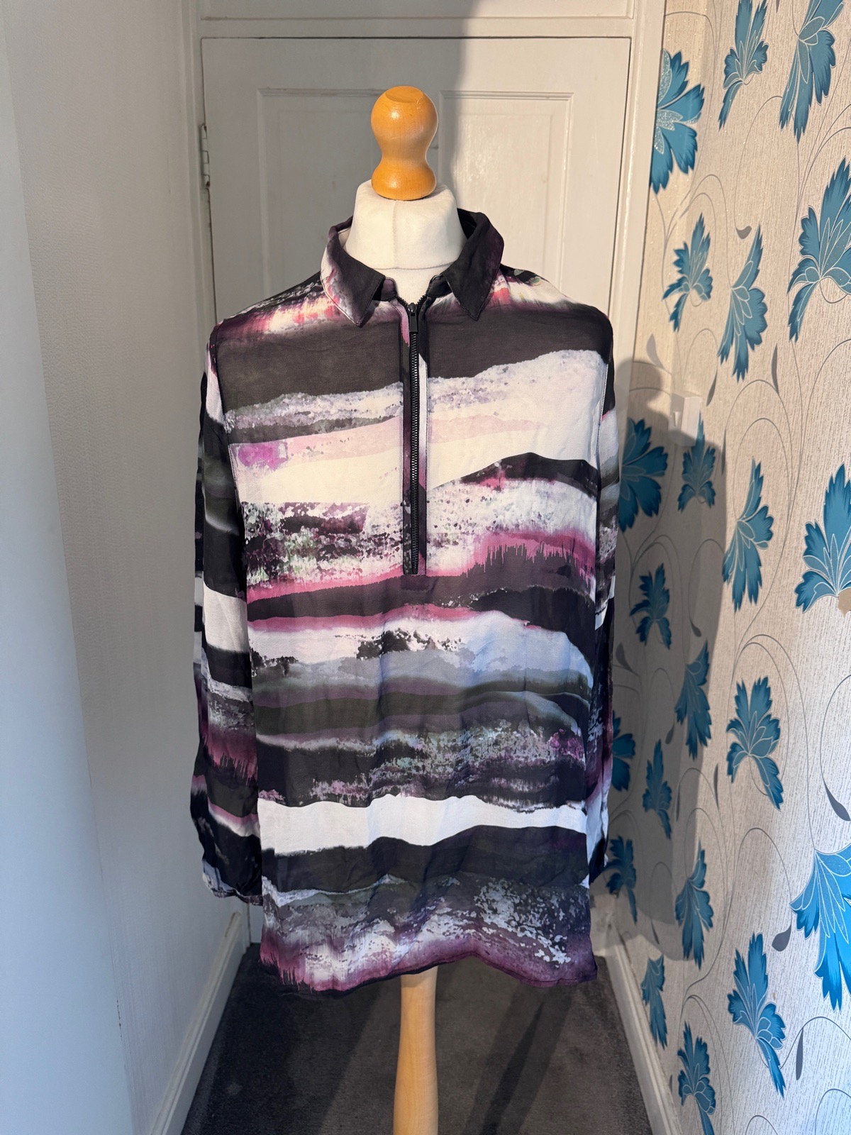 Next Abstract Print Longline Blouse UK 18 Half Zip Asymmetric Hem Tunic Top