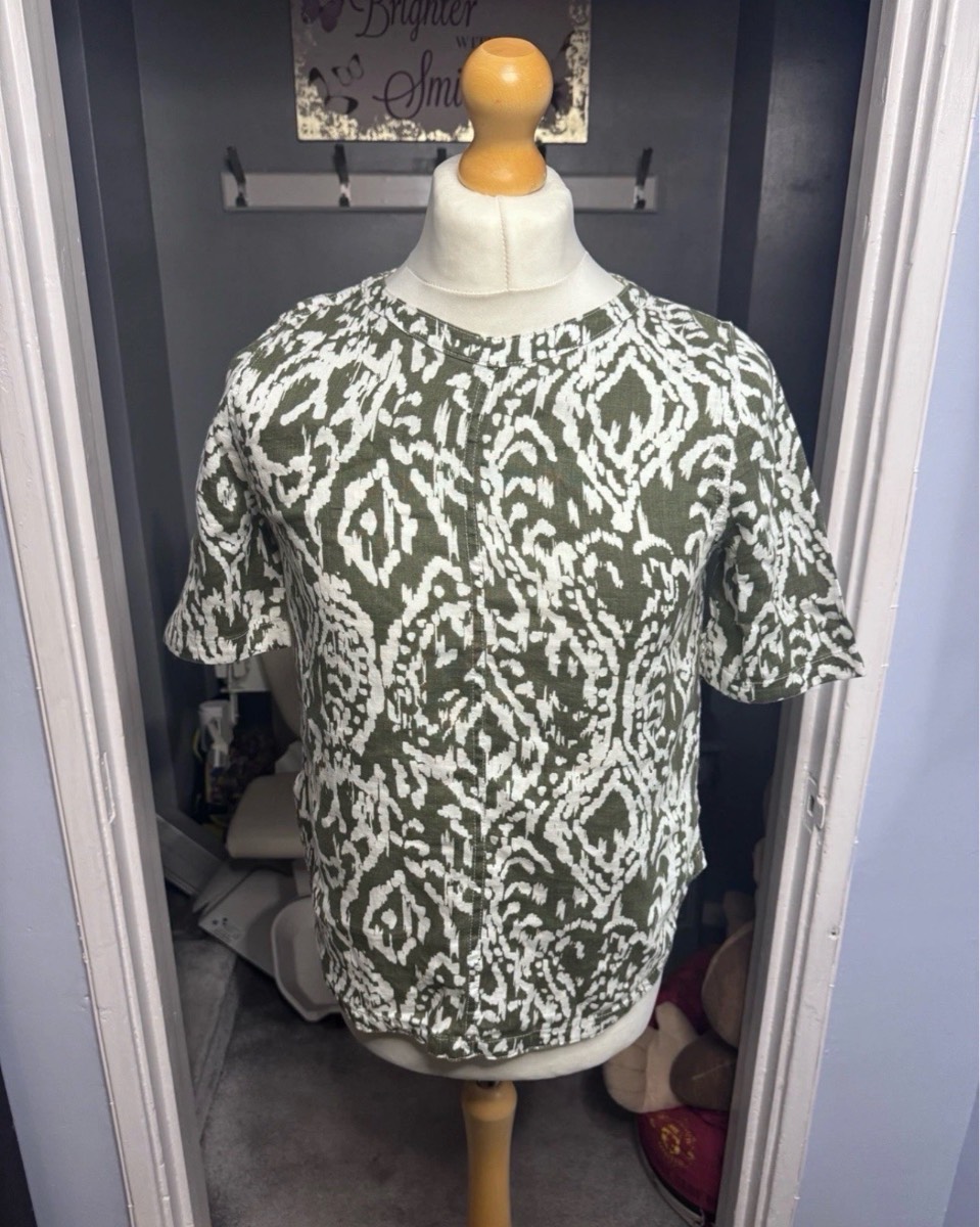 M&S Pure Linen Summer Blouse Khaki Green & White Print UK 8 Short Sleeve