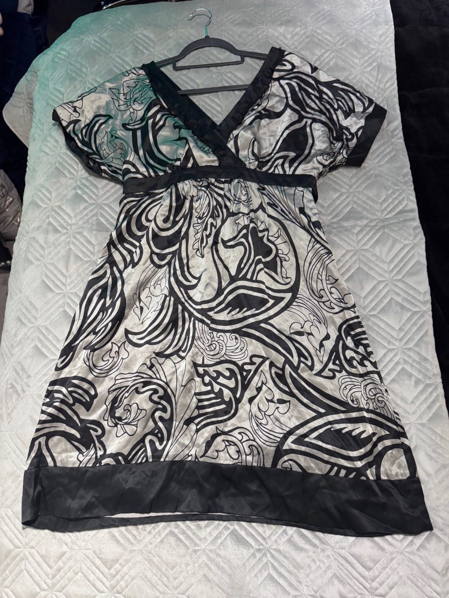 Ted Baker Silk Tunic Dress Black & Ivory UK 10 (Size 2) Satin Tie Waist