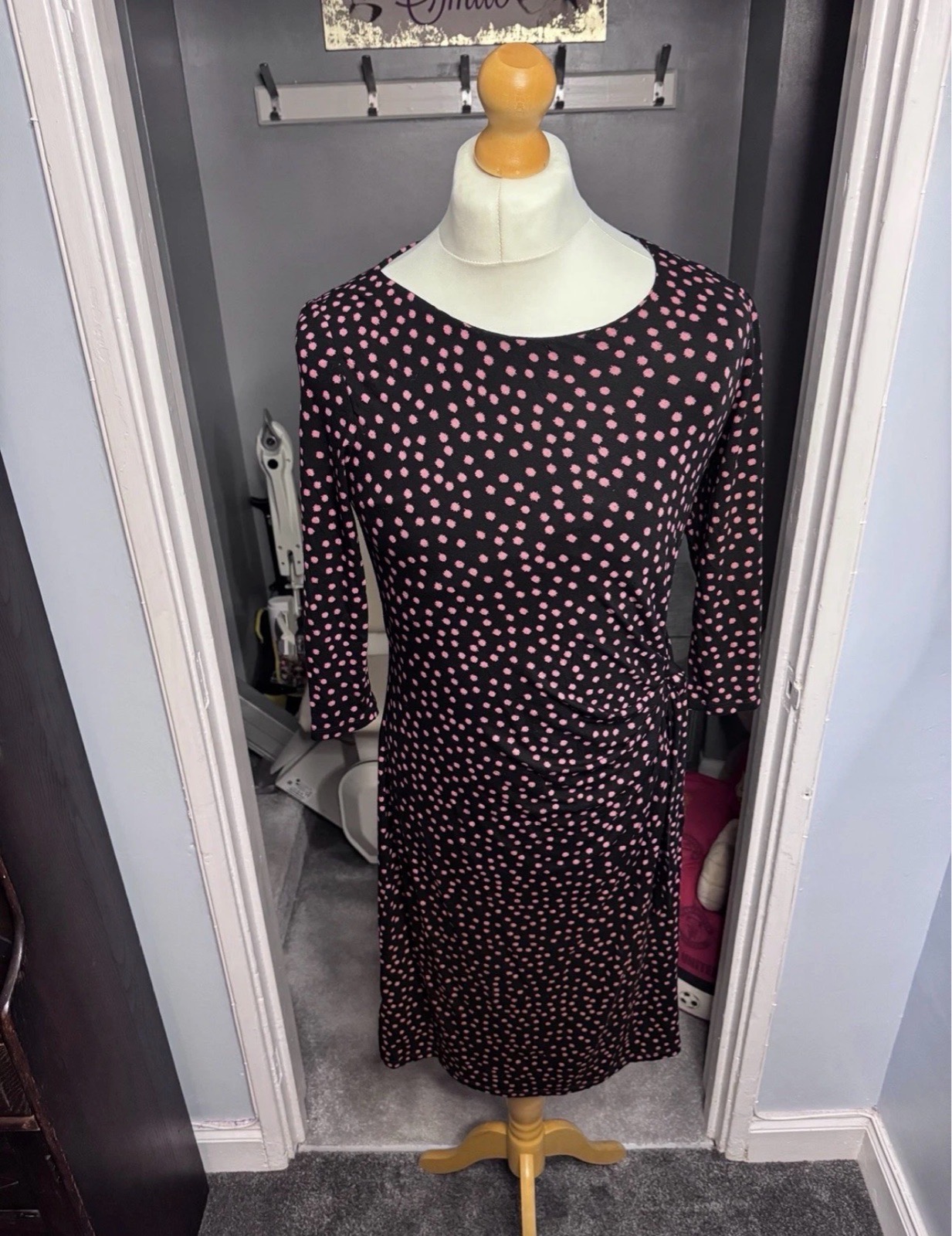 Laura Ashley Black Pink Spot Midi Dress UK 14 Tie Waist Stretch