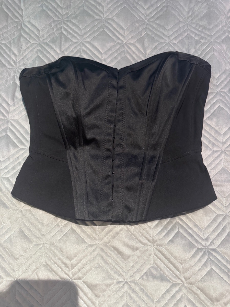 Warehouse Corset Top Black UK 10 Satin Strapless Lace-Up Boned Bustier