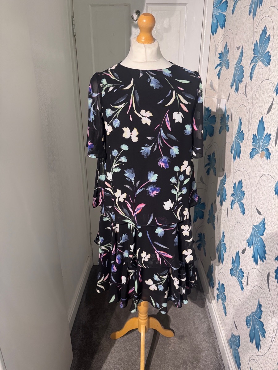 Joanna Hope Floral Dress Black UK 12 Layered Chiffon Occasion Midi