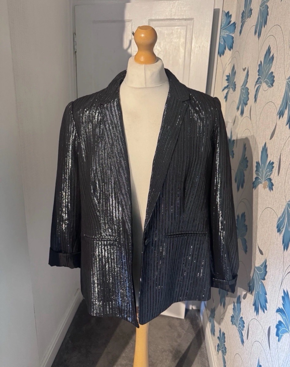 Monsoon Metallic Stripe Blazer Jacket Black UK 16 Shimmer Party Evening Smart