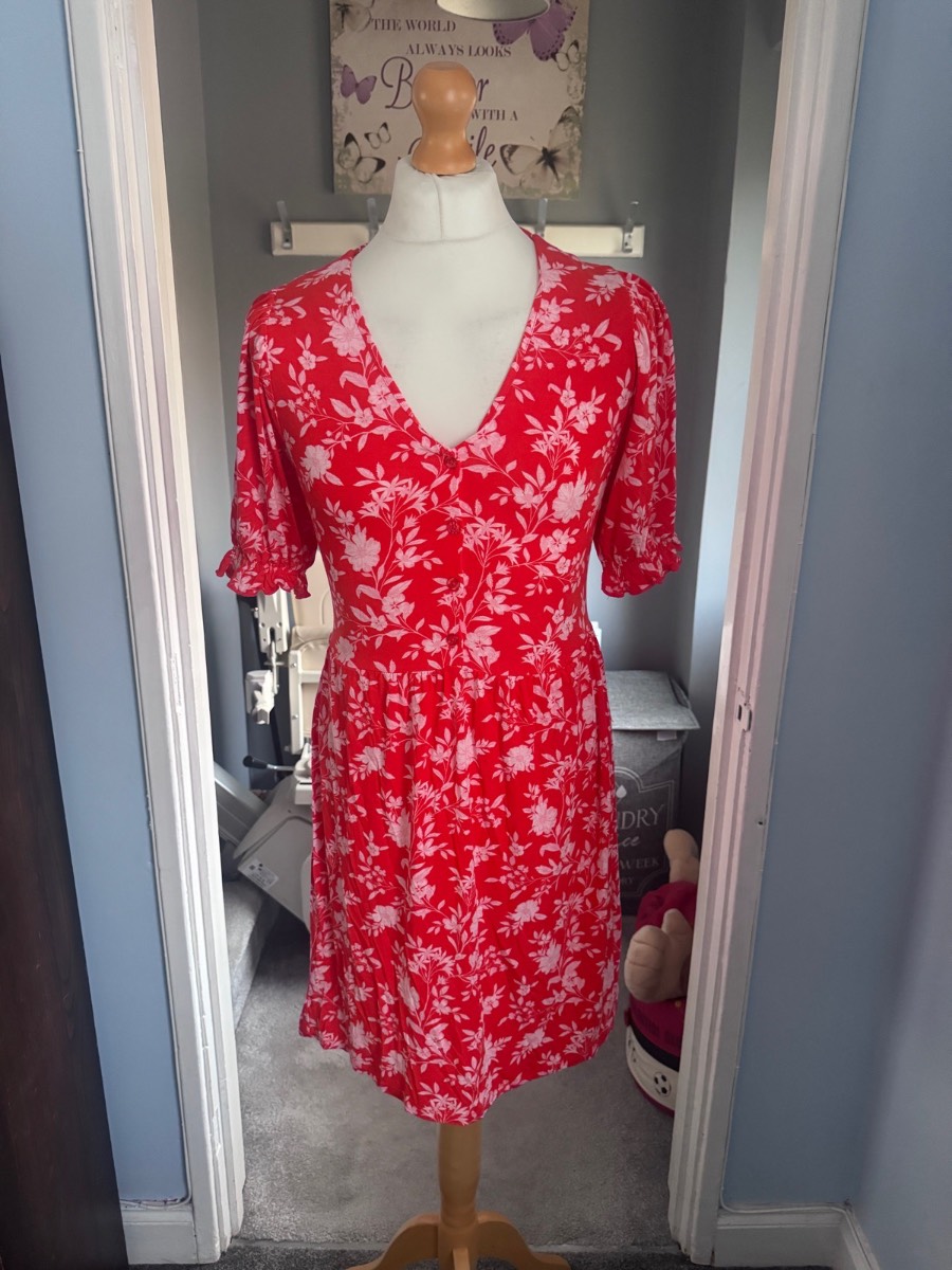 F&F Tea Dress Red Floral UK 12 Pink Floral Mini Summer V Neck