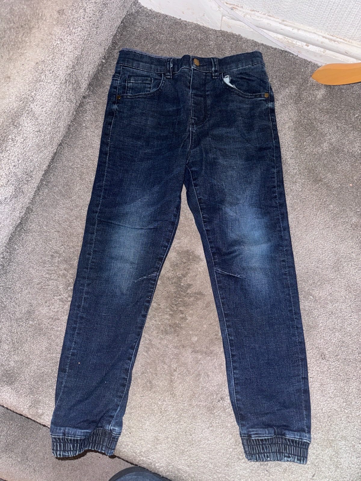 M&S Kids Dark Blue Denim Jogger Jeans Age 8–9 Elastic Cuffs Distressed