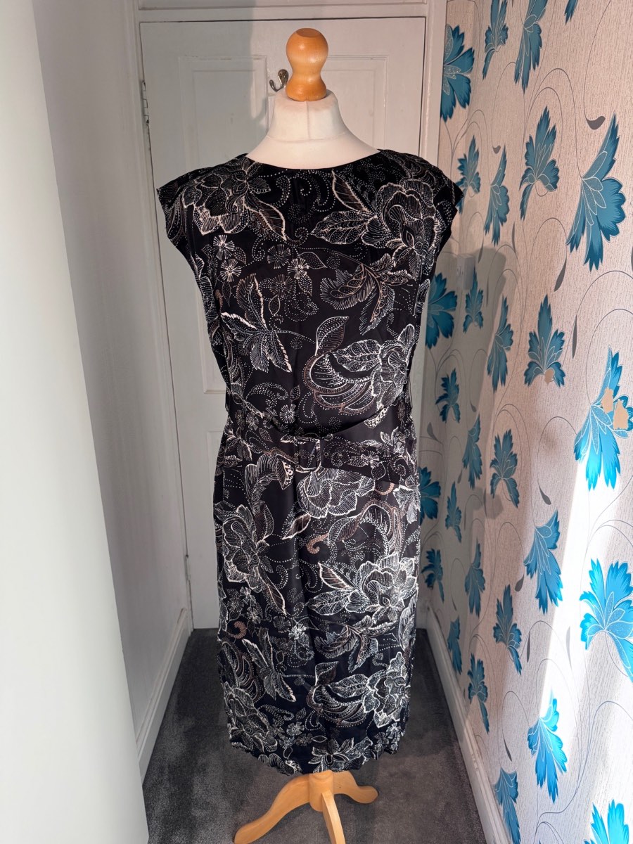 Vintage Roman Originals Floral Wiggle Dress Black Size 18 Belted Midi Summer Occasion