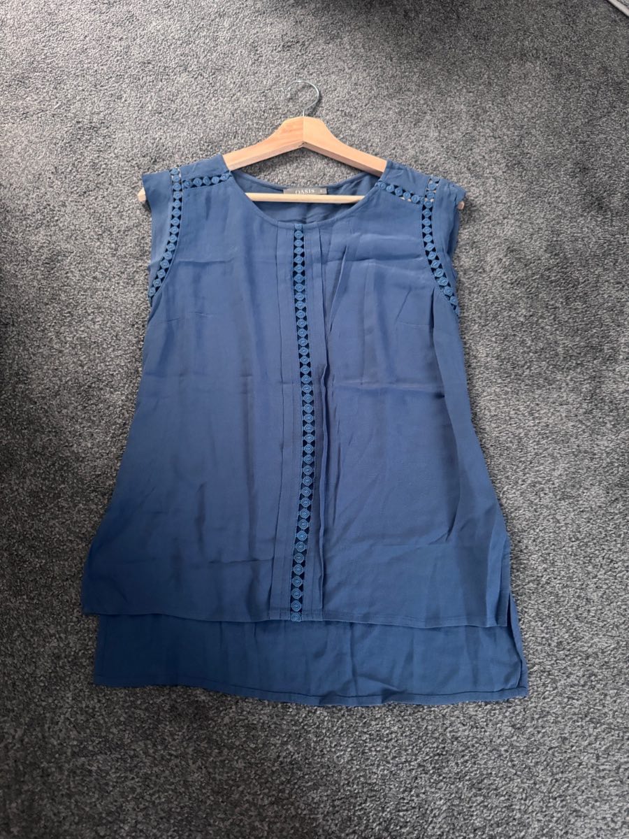 Oasis Summer Vest Top Blue UK 8 Lace Trim Sleeveless Blouse
