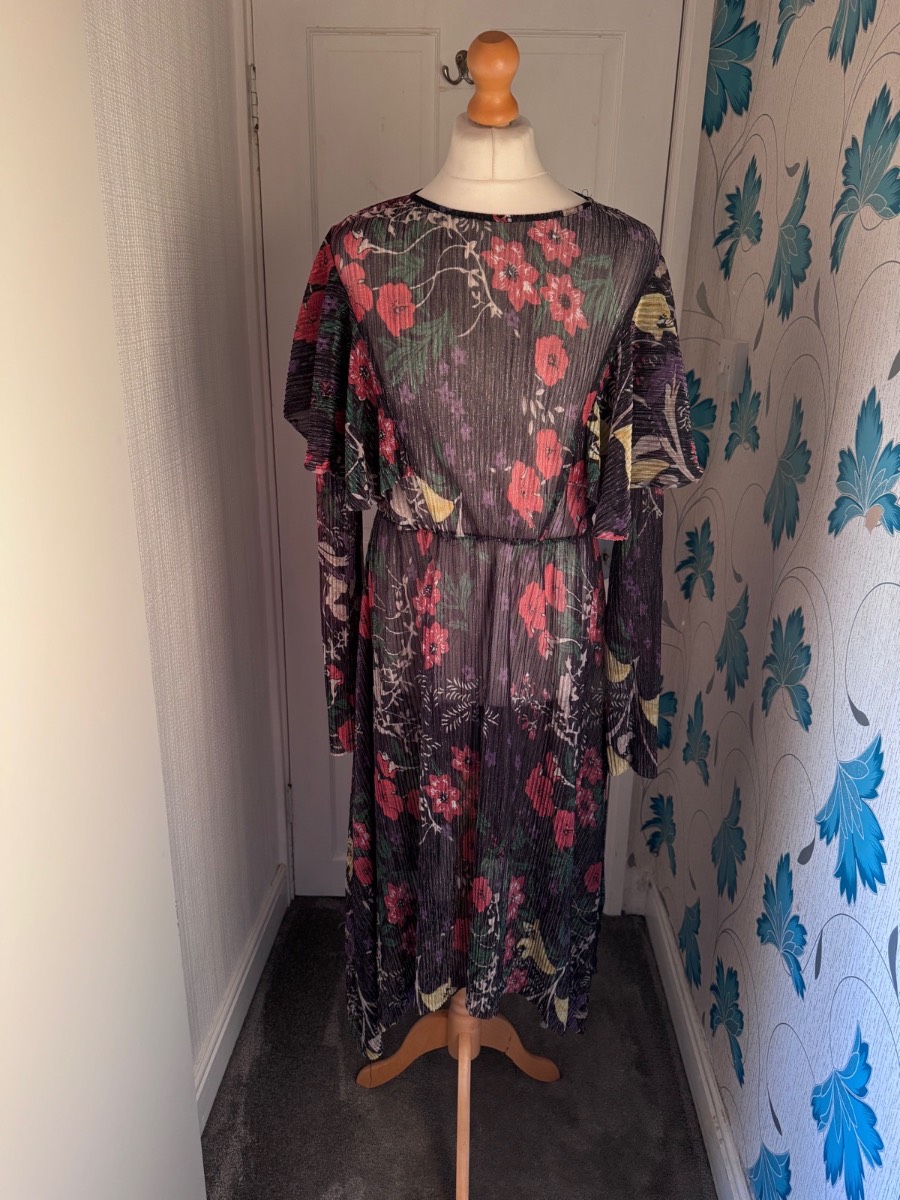 Zara Floral Pleated Midi Dress Black Multi UK M (10-12) Metallic Shimmer Flutter Sleeves