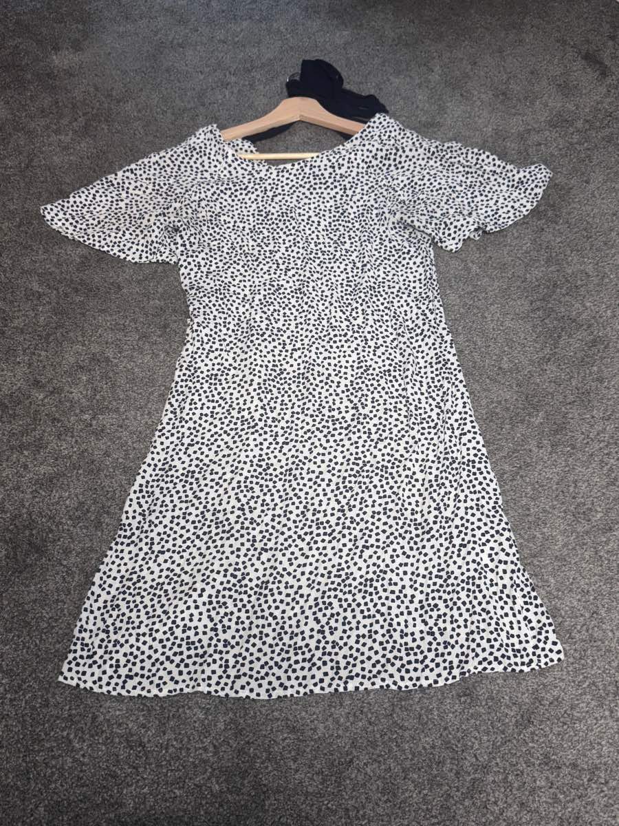 Warehouse Smock Dress White & Navy Spot Print UK 8 Frill Sleeve Summer