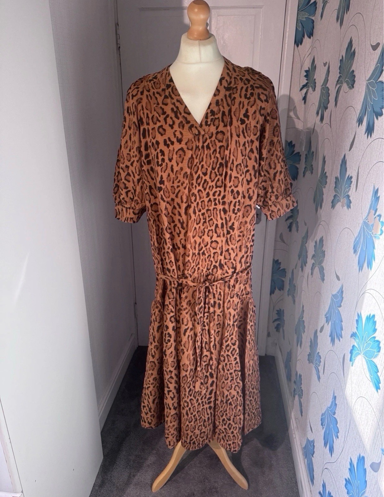 George Leopard Print Midi Dress Brown UK 12 Tie Waist Animal Print Summer