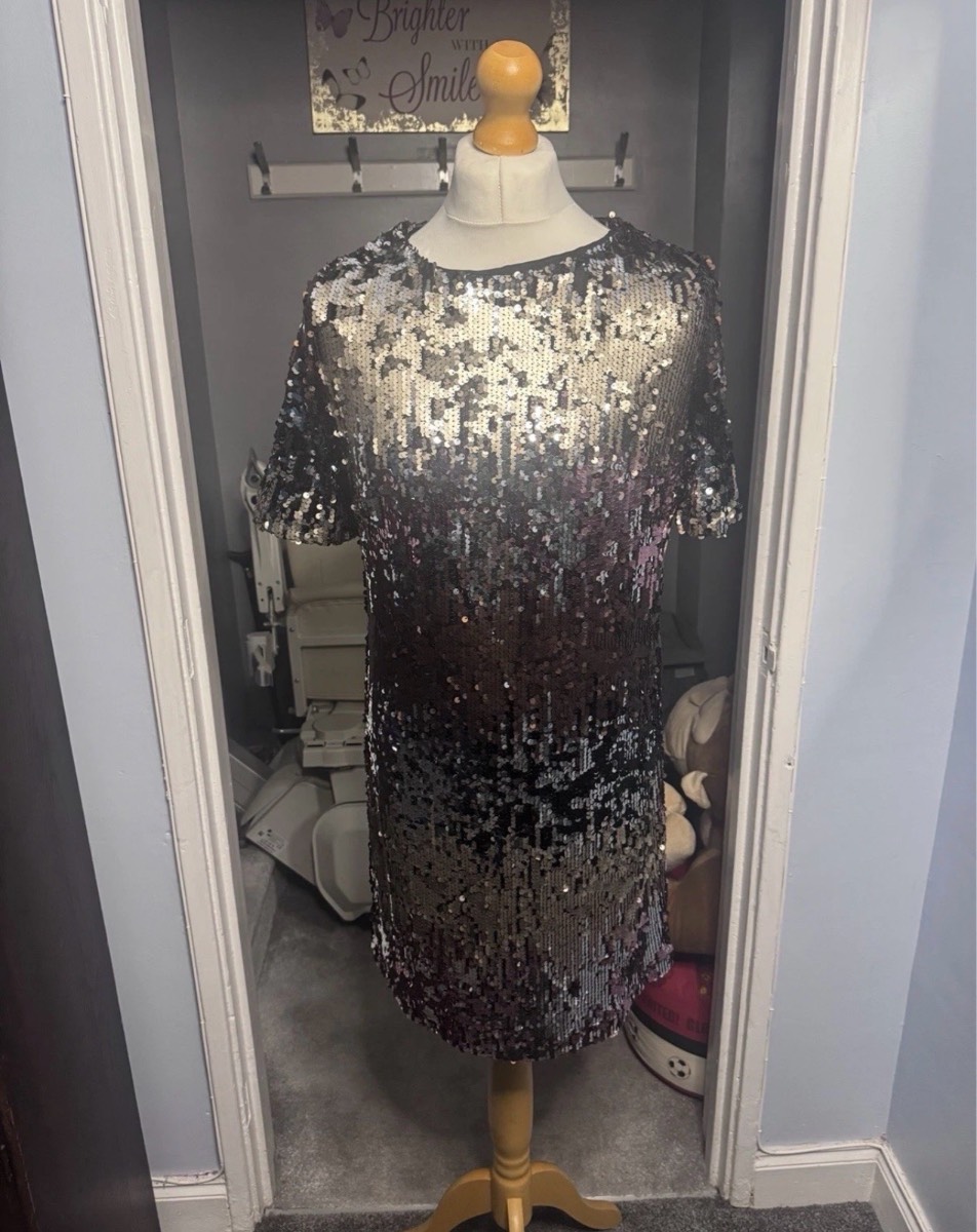 George Sequin Shift Dress Black Silver UK 14 Party Cocktail Evening Mini