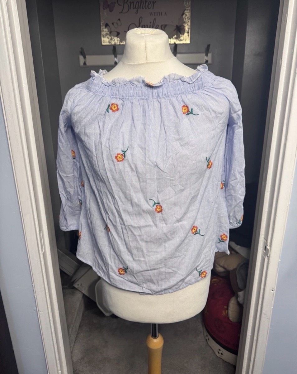 Papaya Bardot Blouse Light Blue UK 14 Floral Embroidered 100% Cotton