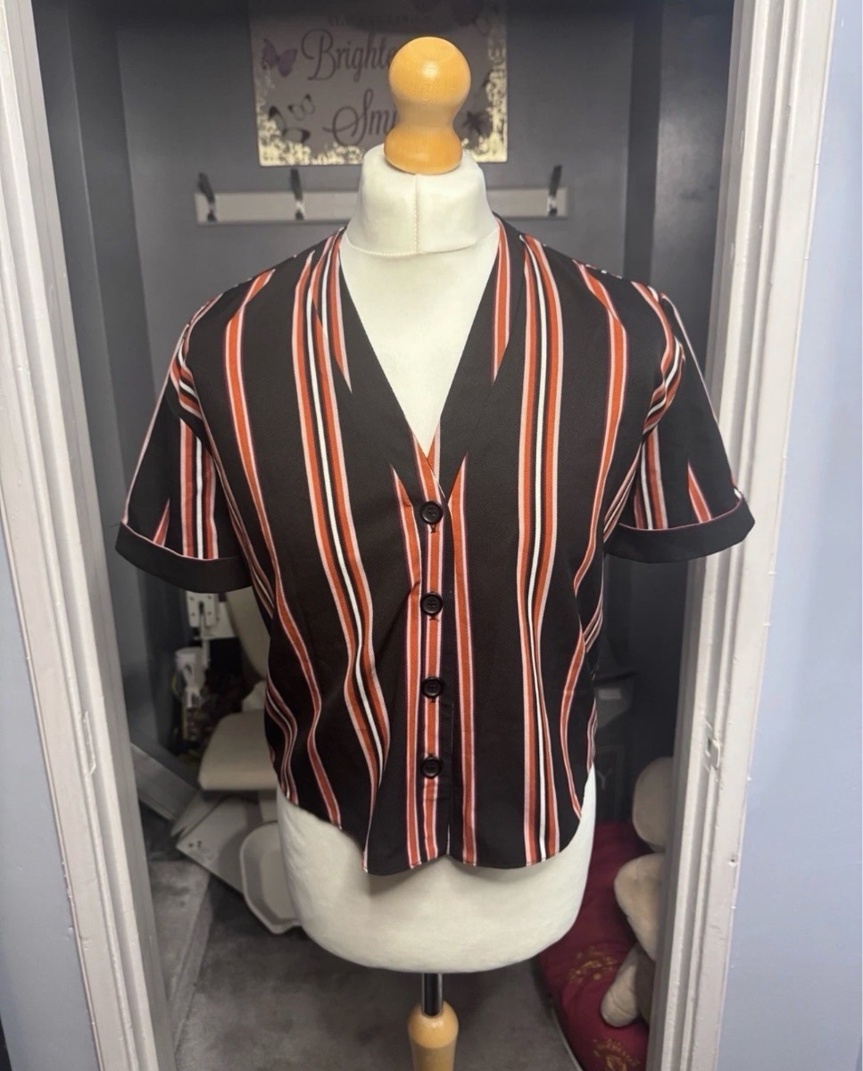 New Look Y2K Blouse Black Orange Striped UK 10 Button Front Cropped Top