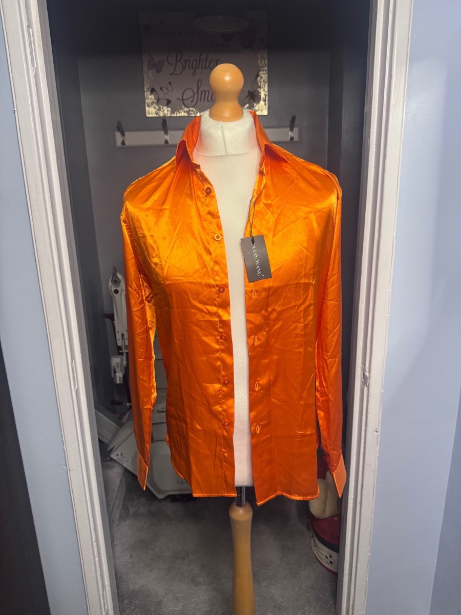 Barry.Wang Satin Shirt Orange Small (S) Long Sleeve Button-Up Party Festival NWT