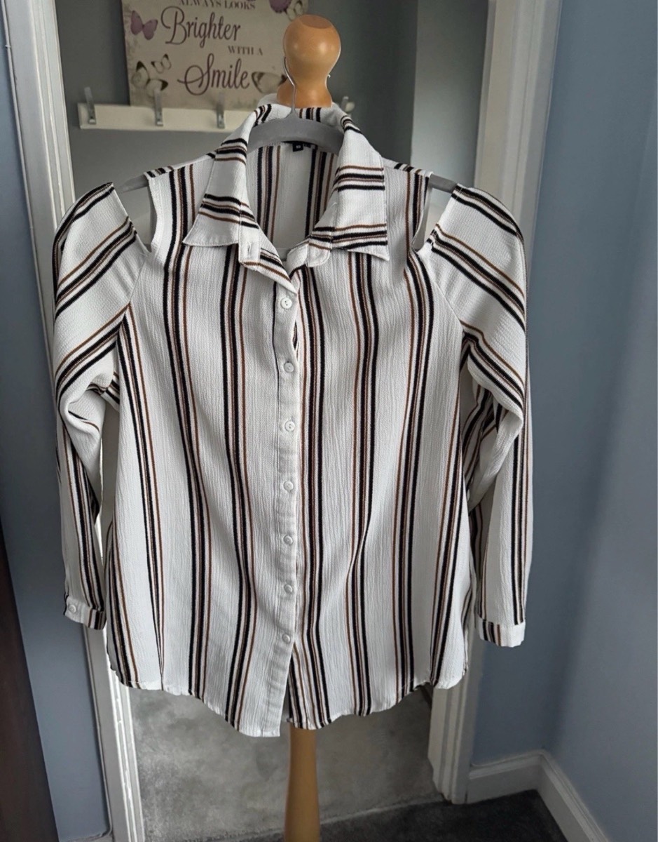 New Look Cold Shoulder Blouse White Brown Stripe UK 10 Textured Shirt Top