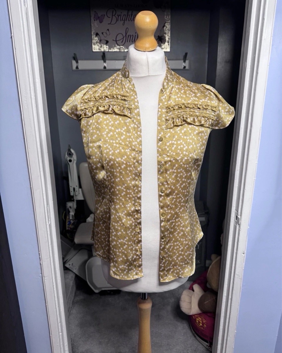 Marks & Spencer Blouse Yellow UK 12 Cherry Print Frill Cap Sleeve Shirt
