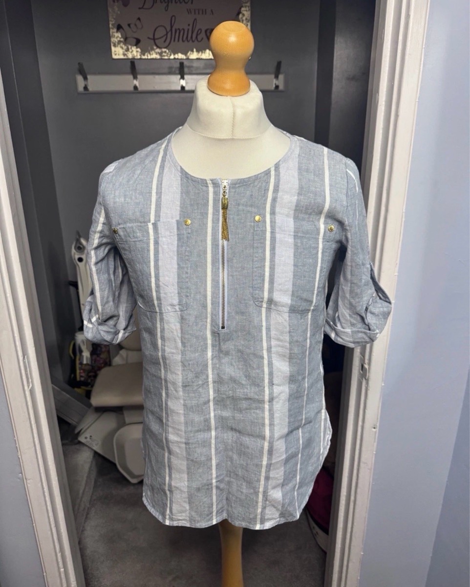 Ellen Tracy Linen Tunic Top Light Blue Stripe UK 8 (US S) 100% Linen Zip Front