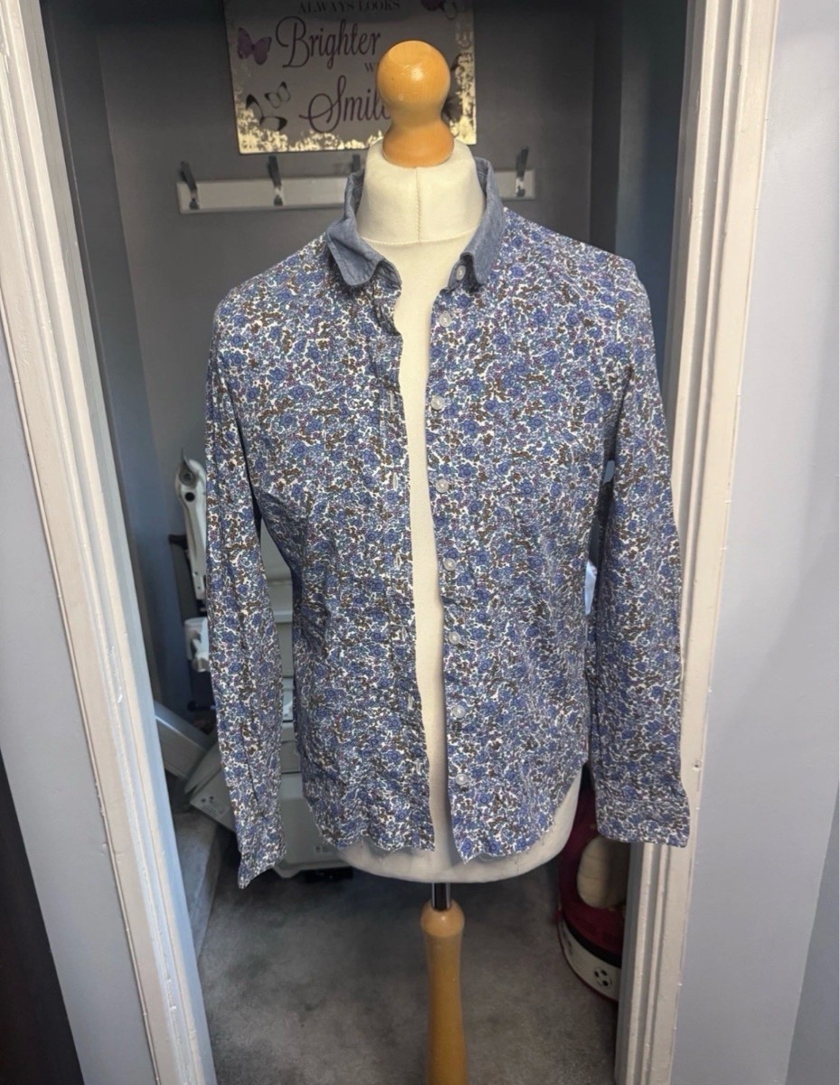 Joules Women’s Floral Shirt Blue White UK 12 Medium Raw Hem Cotton Button Up
