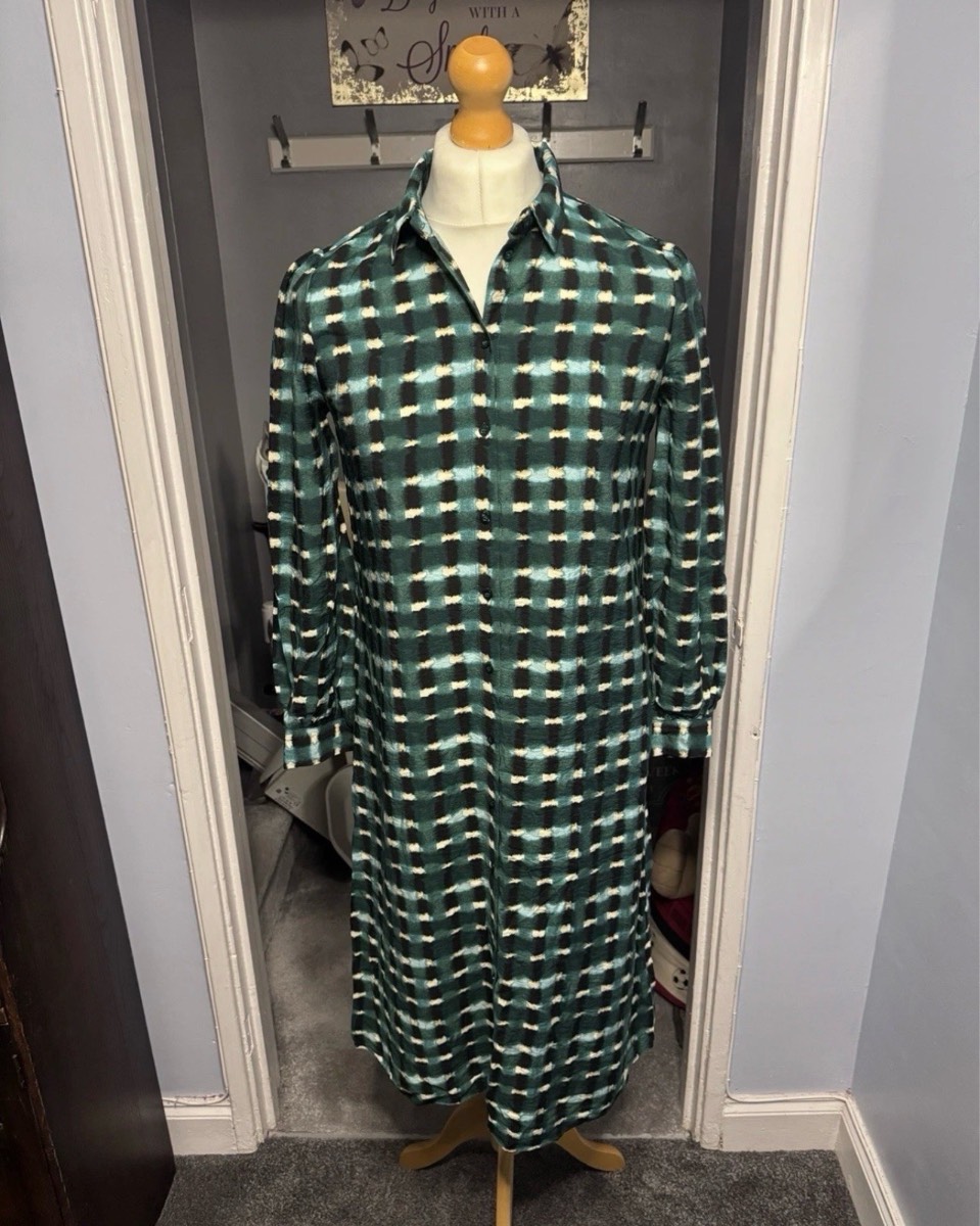 B.Young Green Check Shirt Dress UK 10 EU 38 Midi Long Sleeve Button Front