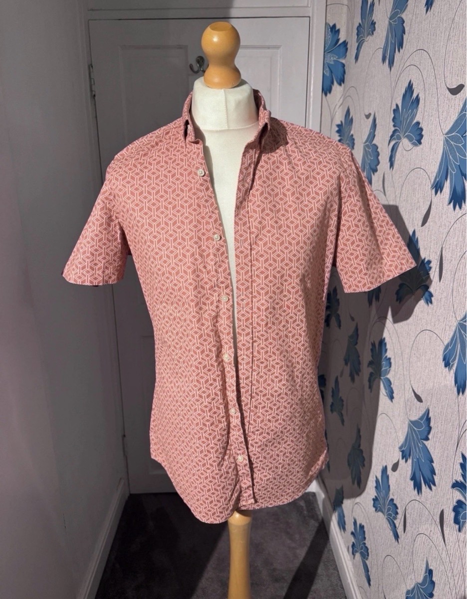 Next Short Sleeve Shirt Pink Geometric Print Medium Button Down Summer